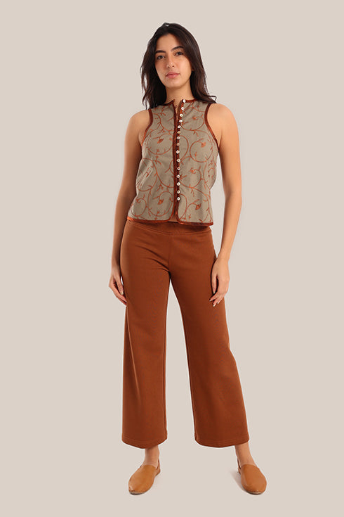 Embroidered cotton round-neck sleeveless vest